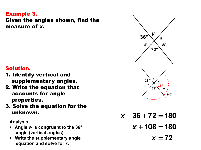 This math example shows how to use angle properties to solve equations.