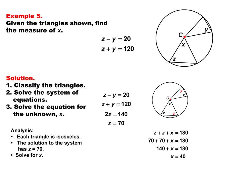 Math Example--Solving Equations--Solving Equations Using Triangle Properties: Example 5