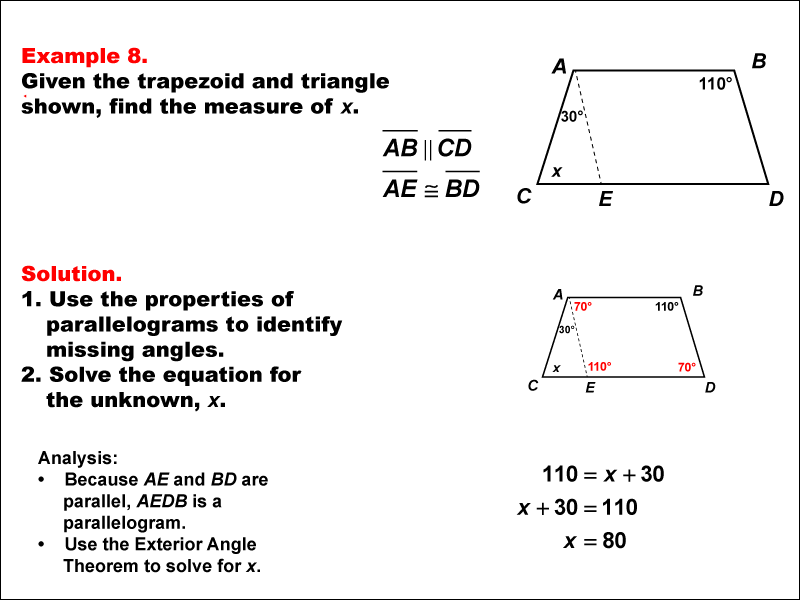 This math example shows how to use triangle properties to solve equations.