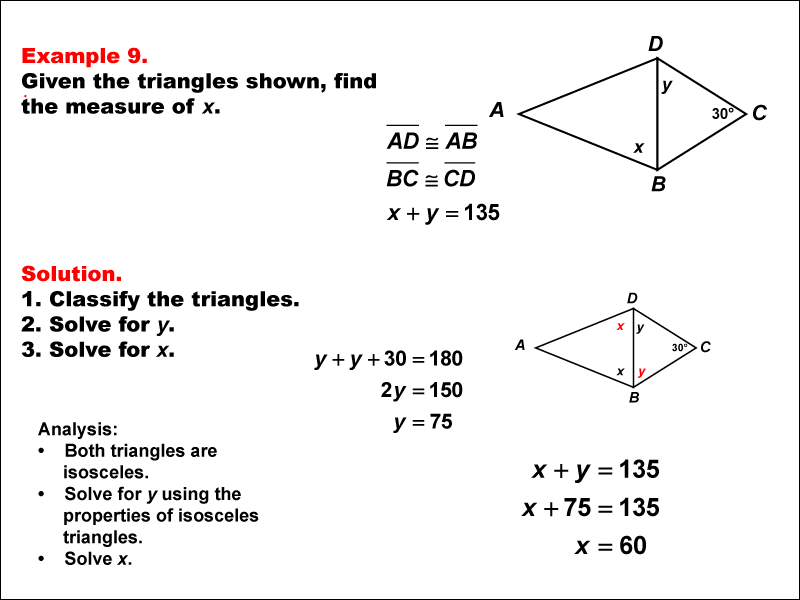 This math example shows how to use triangle properties to solve equations.