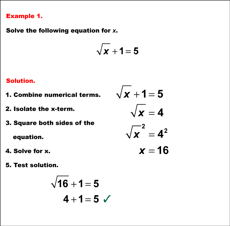 Math Example--Solving Equations--Solving Radical Equations--Example 1