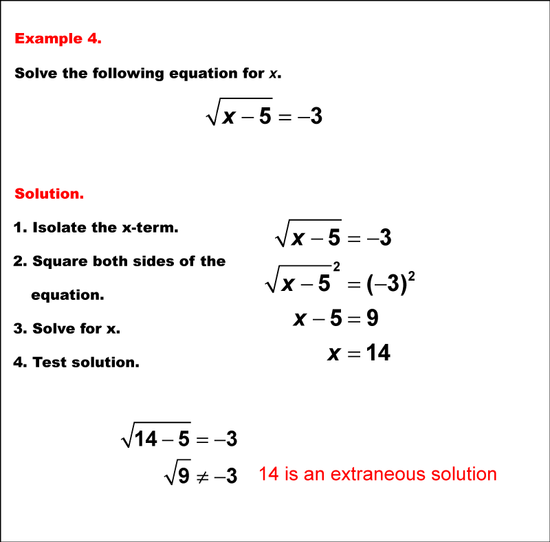Math Example--Solving Equations--Solving Radical Equations--Example 4