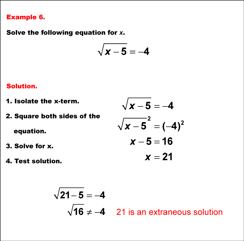 Math Example--Solving Equations--Solving Radical Equations--Example 6