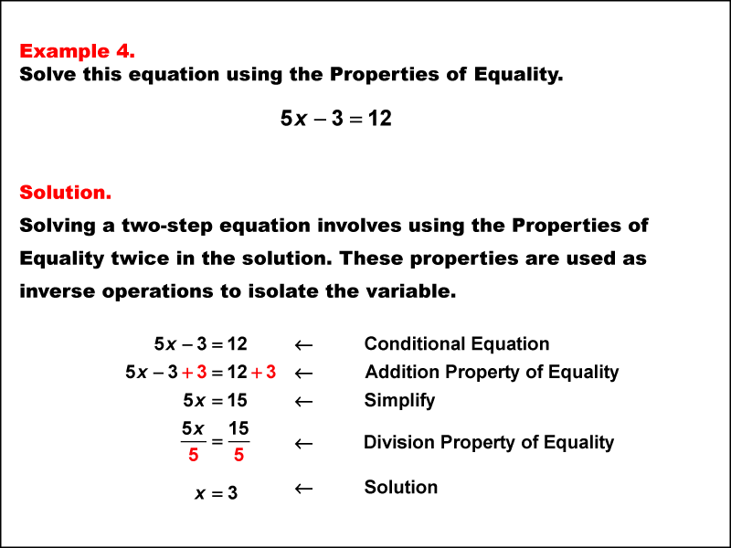 Math Example: Solving Two-Step Equations Using the Properties of Equality--Example 4
