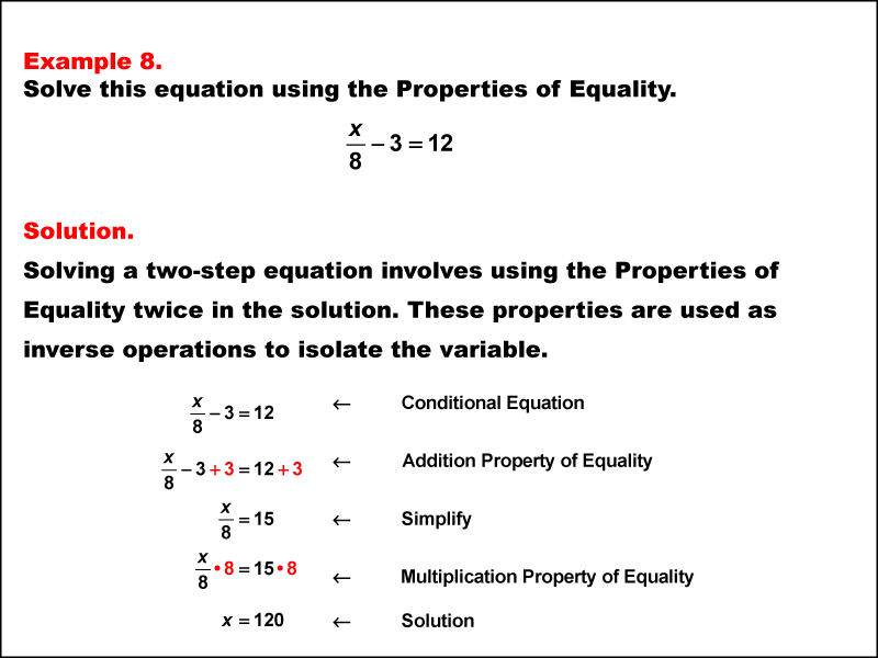 Math Example: Solving Two-Step Equations Using the Properties of Equality--Example 8