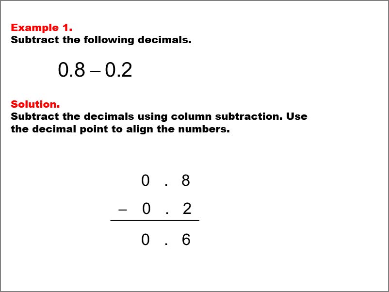 Subtracting Decimals: Example 1. Subtracting two decimals to the tenths place, with no regrouping. The numbers have zero in the ones place.To see the complete collection of Math Examples on this topic, click on this link: https://bit.ly/2LQJG30
