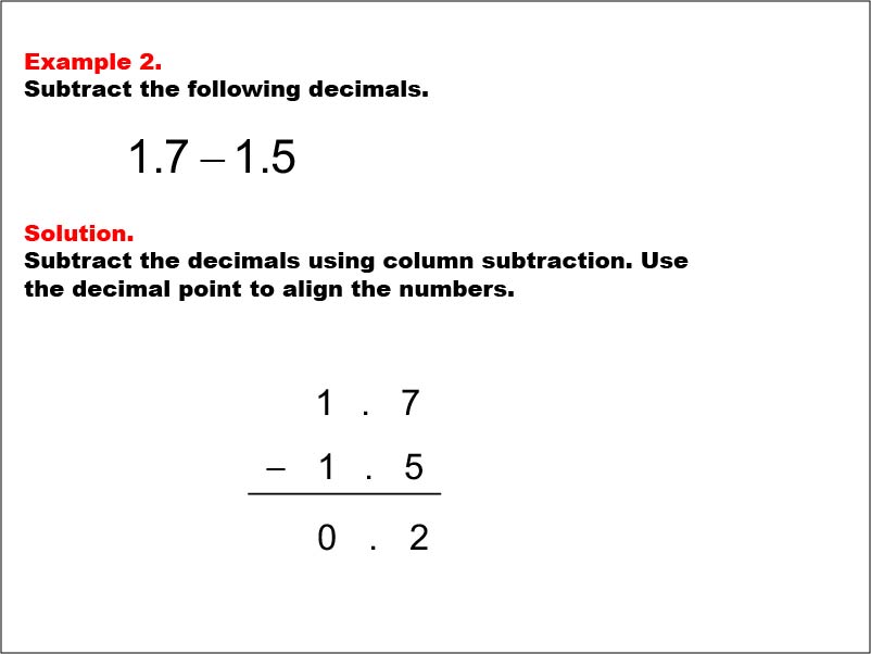 Subtracting Decimals: Example 2. Subtracting two decimals written to the tenths place, with no regrouping. The numbers have non-zero values in the ones place.To see the complete collection of Math Examples on this topic, click on this link: https://bit.ly/2LQJG30