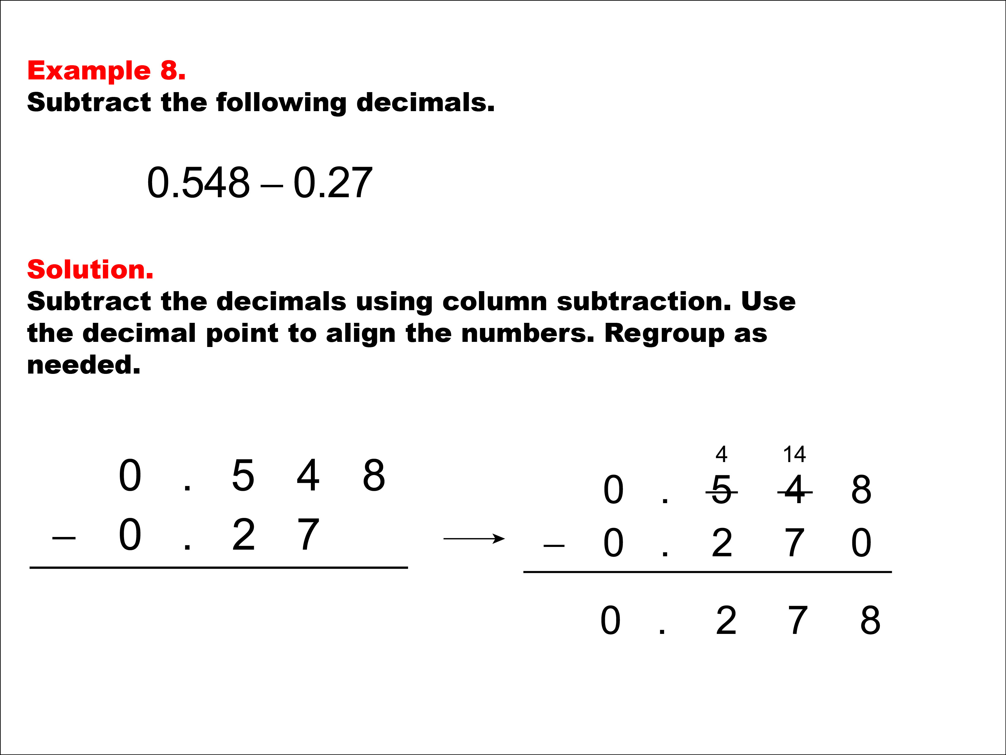 Subtracting Decimals: Example 8. Subtracting two decimals, one to the hundredths place and the other to the tenths place, with regrouping. The numbers have azero in the ones place.To see the complete collection of Math Examples on this topic, click on this link: https://bit.ly/2LQJG30