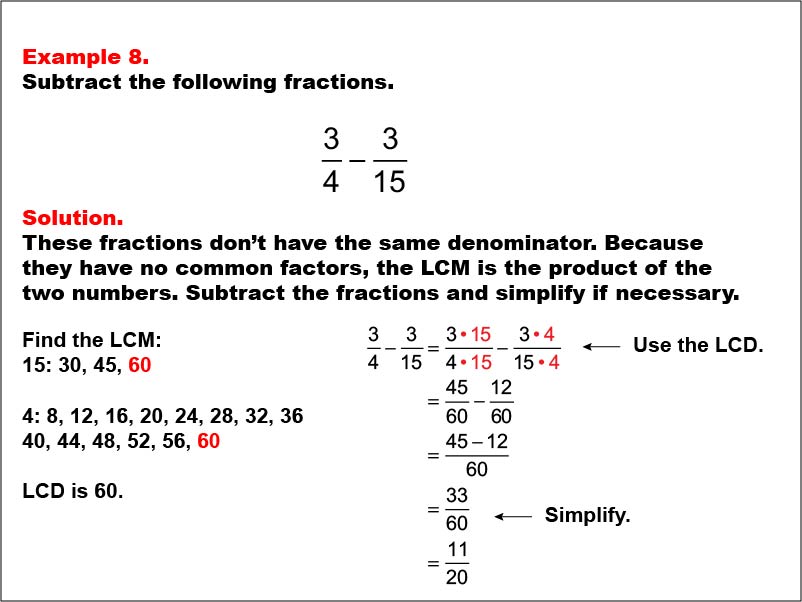 Math Example: Fraction Operations--Subtracting Fractions Example 8