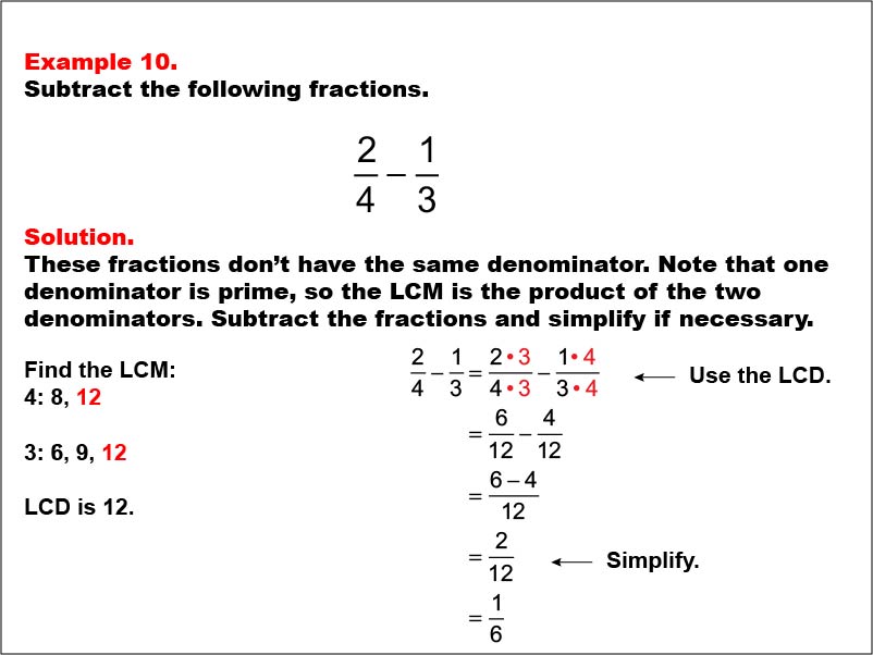 Subtracting Fractions Example 2. In this example, two fractions with a common denominator are subtracted. The difference needs to be simplified.