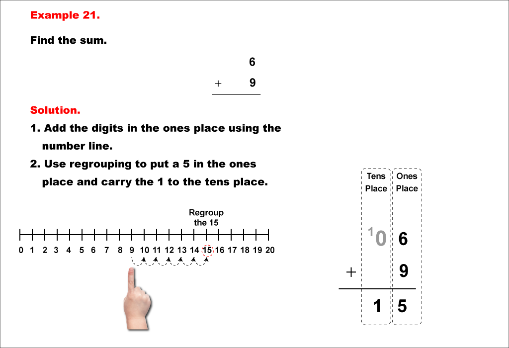 Math Example--Arithmetic--Two-Digit Sums to 20 (With Regrouping)--Example 21