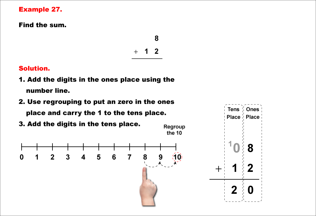 Math Example--Arithmetic--Two-Digit Sums to 20 (With Regrouping)--Example 27