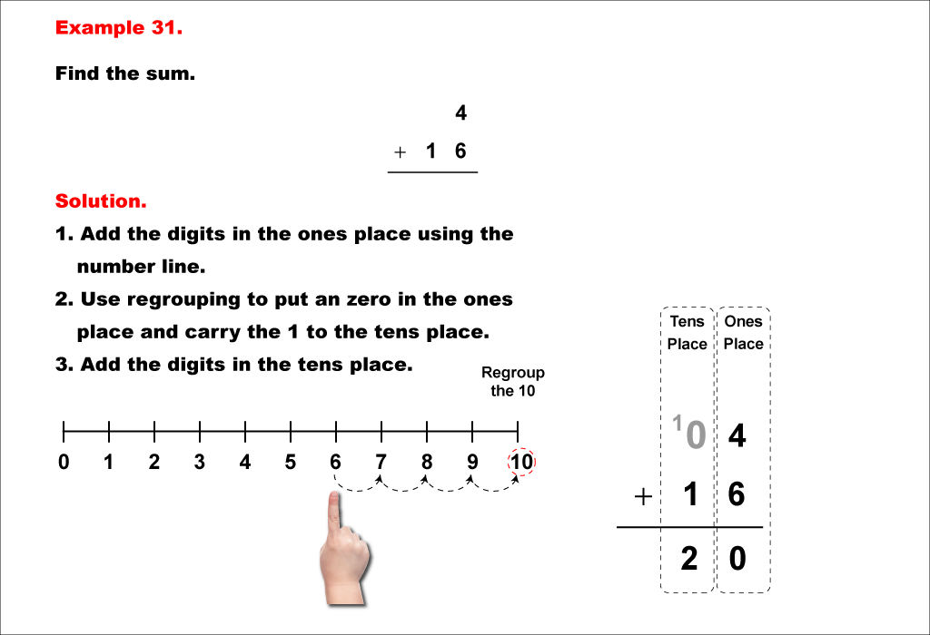 Math Example--Arithmetic--Two-Digit Sums to 20 (With Regrouping)--Example 31