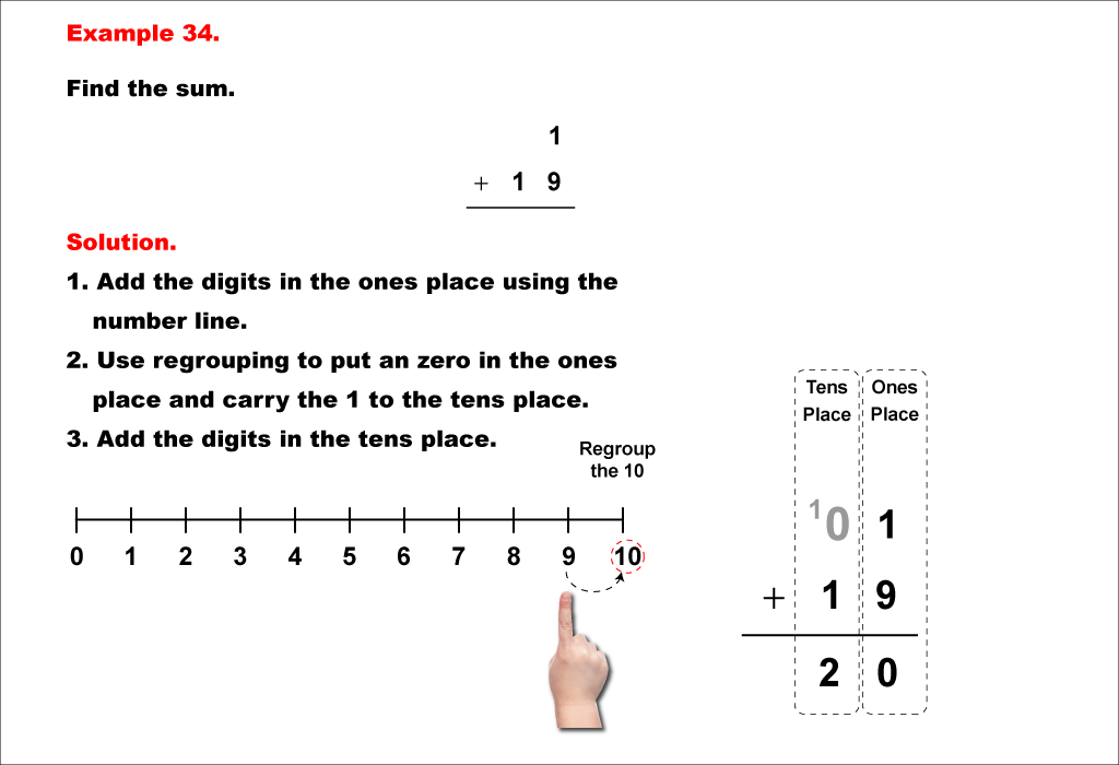 Math Example--Arithmetic--Two-Digit Sums to 20 (With Regrouping)--Example 34