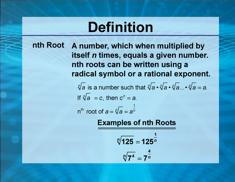 Video Definition 21--Rationals and Radicals--nth Root (Spanish Audio)