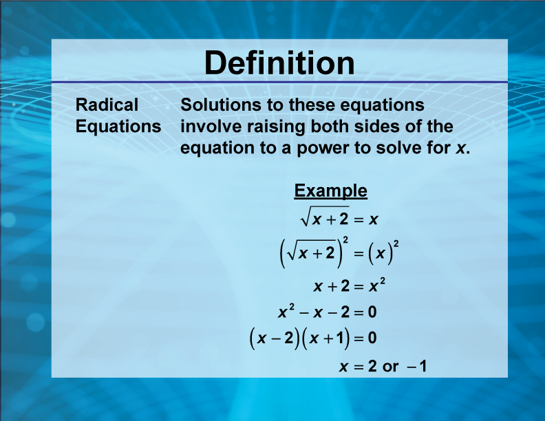 Video Definition 27--Rationals and Radicals--Radical Equations (Spanish Audio)