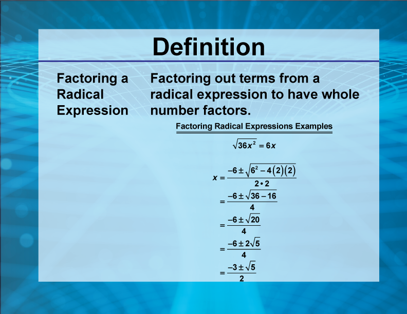Video Definition 8--Rationals and Radicals--Factoring a Radical