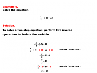 Math Example: Solving Two-Step Equations of the Form x/a - b = c--Example 9