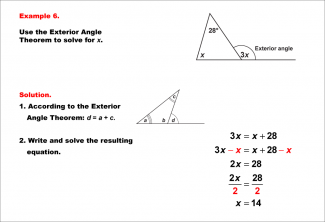 Math Example--Solving Equations--Equations Using the Exterior Angle Theorem--Example 6
