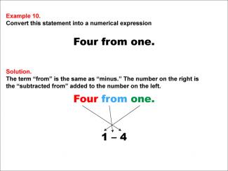 Math Example: Language of Math--Numerical Expressions--Subtraction--Example 10
