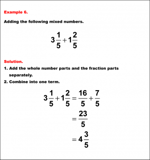 Math Example--Fraction Properties--Adding Mixed Numbers with Like Denominators: Example 6