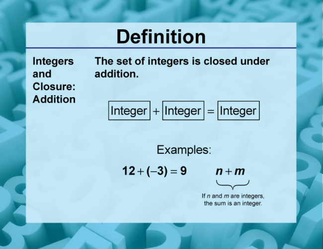 Definition--Closure Property Topics--Integers and Closure: Addition
