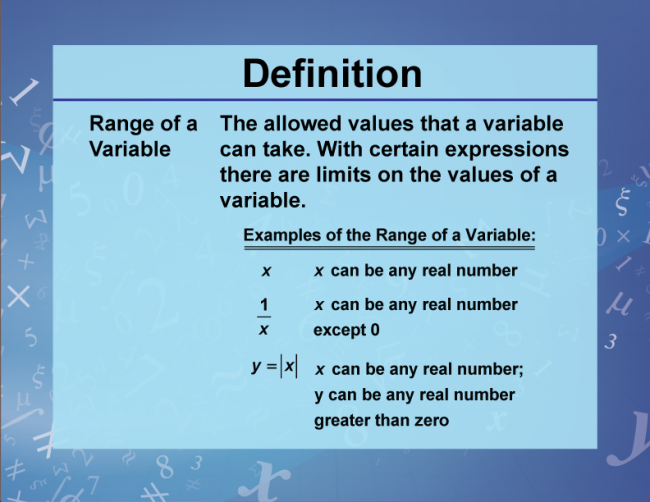 Definition--Variables, Unknowns, and Constants--Range of a Variable