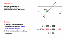 Math Example--Solving Equations--Equations with Angles from Parallel Lines Cut by a Transversal--Example 2