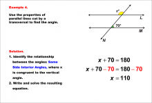 Math Example--Solving Equations--Equations with Angles from Parallel Lines Cut by a Transversal--Example 4