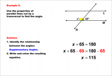 Math Example--Solving Equations--Equations with Angles from Parallel Lines Cut by a Transversal--Example 5