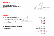 Math Example--Solving Equations--Equations Using the Exterior Angle Theorem--Example 9