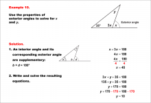 Math Example--Solving Equations--Equations Using the Exterior Angle Theorem--Example 10