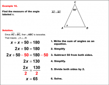 Math Example--Solving Equations--Solving Equations with Angle Measures--Example 10