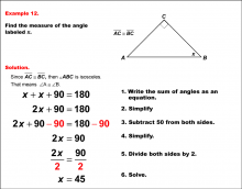 Math Example--Solving Equations--Solving Equations with Angle Measures--Example 12