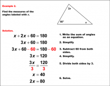 Math Example--Solving Equations--Solving Equations with Angle Measures--Example 2