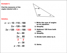 Math Example--Solving Equations--Solving Equations with Angle Measures--Example 5