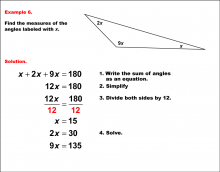 Math Example--Solving Equations--Solving Equations with Angle Measures--Example 6