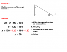 Math Example--Solving Equations--Solving Equations with Angle Measures--Example 7