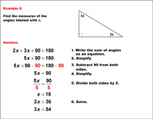 Math Example--Solving Equations--Solving Equations with Angle Measures--Example 8