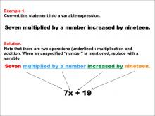 Math Example: Language of Math--Variable Expressions--Multiplication and Addition--Example 1