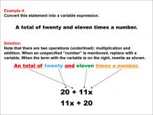Math Example: Language of Math--Variable Expressions--Multiplication and Addition--Example 4