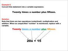 Math Example: Language of Math--Variable Expressions--Multiplication and Addition--Example 6