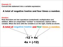 Math Example: Language of Math--Variable Expressions--Multiplication and Addition--Example 12