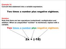 Math Example: Language of Math--Variable Expressions--Multiplication and Addition--Example 14
