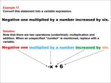 Math Example: Language of Math--Variable Expressions--Multiplication and Addition--Example 17