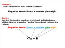Math Example: Language of Math--Variable Expressions--Multiplication and Addition--Example 22