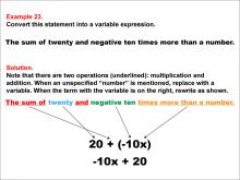 Math Example: Language of Math--Variable Expressions--Multiplication and Addition--Example 23