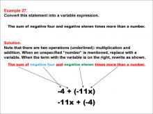 Math Example: Language of Math--Variable Expressions--Multiplication and Addition--Example 27