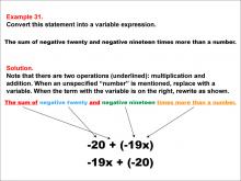 Math Example: Language of Math--Variable Expressions--Multiplication and Addition--Example 31