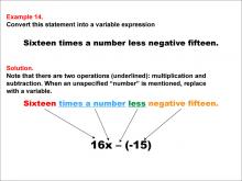 Math Example: Language of Math--Variable Expressions--Multiplication and Subtraction--Example 14